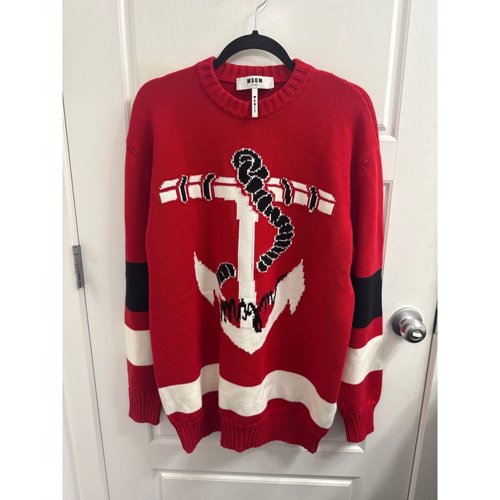 MSGM Milano Womens Red Anchor Intarsia Knit Striped Crewneck Sweater Size M